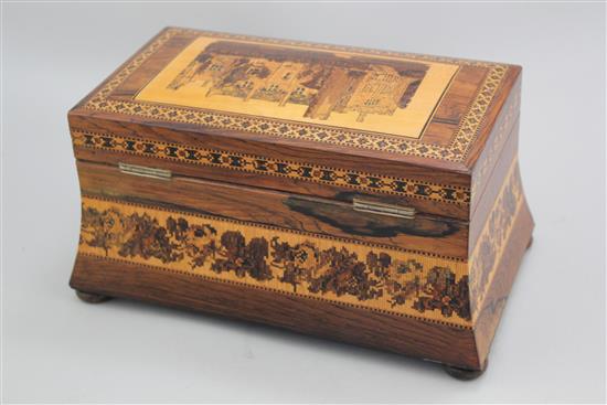 A Tunbridge Ware rosewood Penshurst Place mosaic tea caddy, attributed to Henry Hollamby, 9.5in.